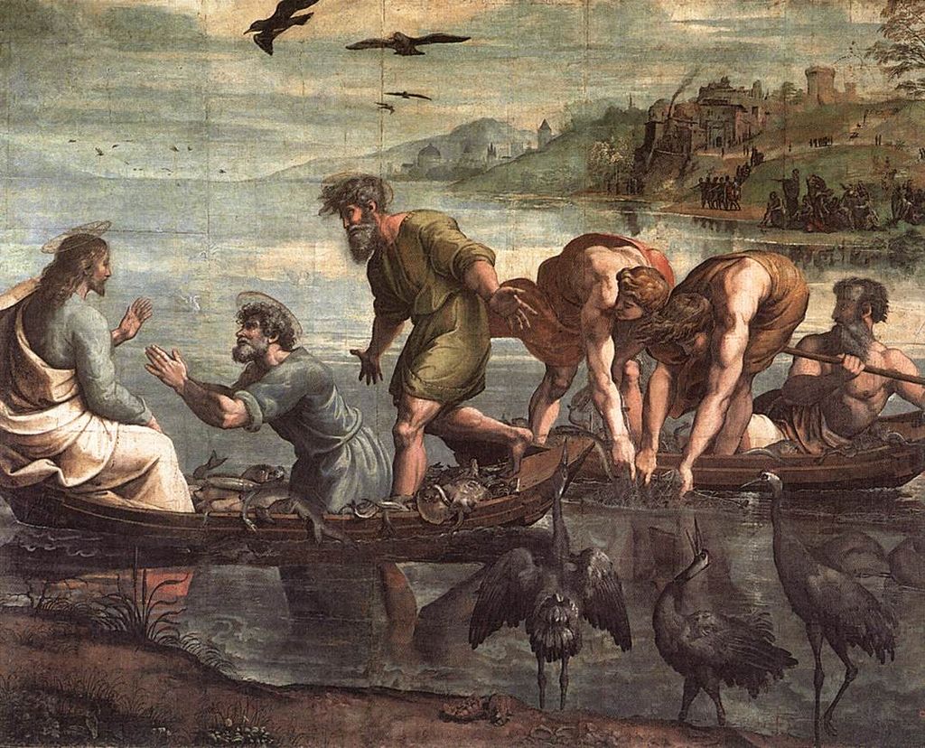 Painting of Jesus and the disciples and the miraculous catch of fish