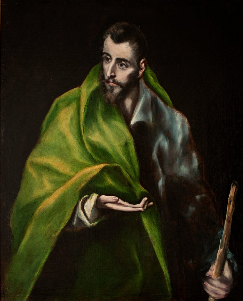 St James is painted holding a staff in one hand and holding his other hand out as if to receive the Holy Spirit from God (painting by El Greco)